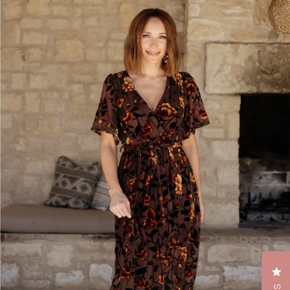 Beautiful maxi dress in deep clove with velvet multi-color floral detail